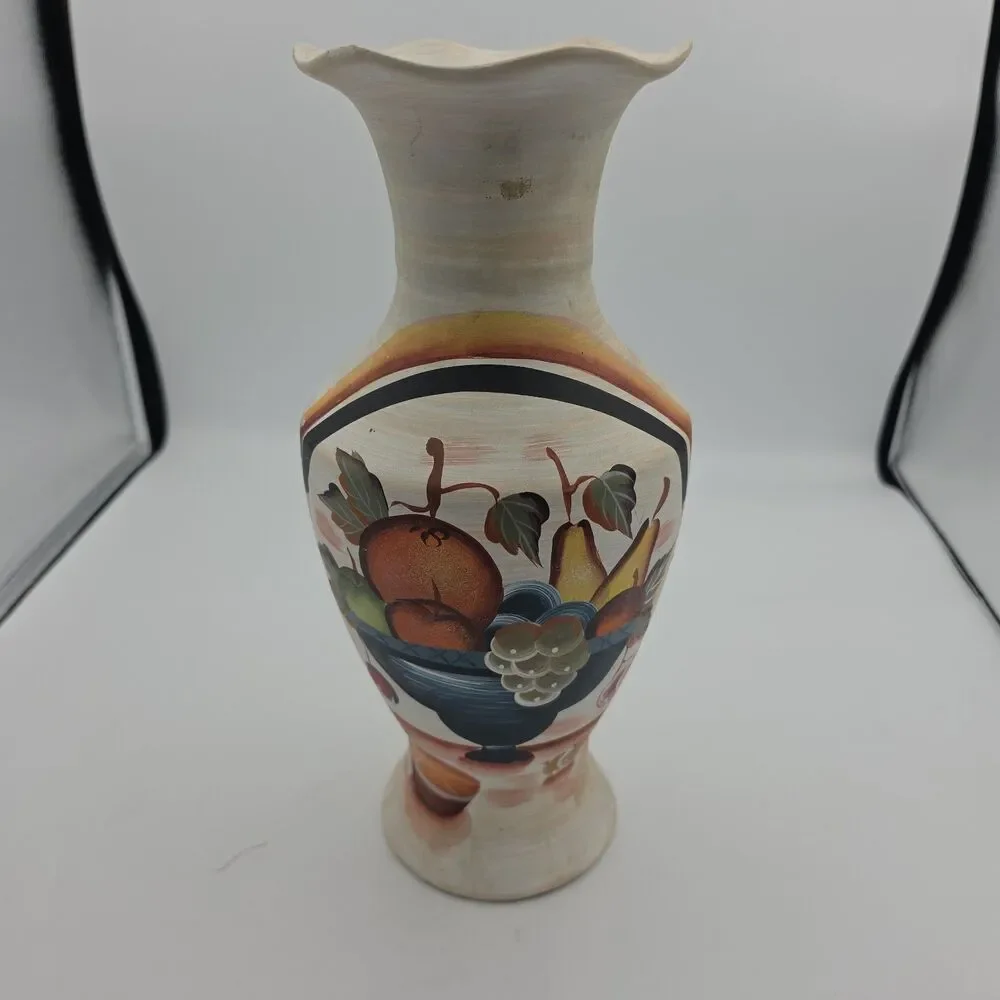 Vintage Hand Painted Ceramic Fruit Vase Rustic Tuscan Italian Style Decor
